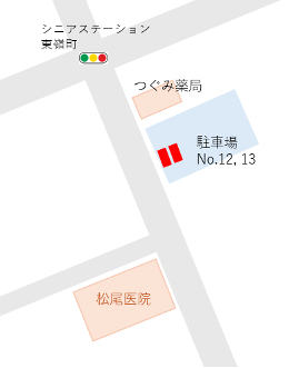 当院の駐車場は道路を挟んだ向かい側にあります。 場所は「つぐみ薬局」さまの隣で、「12番」と「13番」の2台分をご利用いただけます。